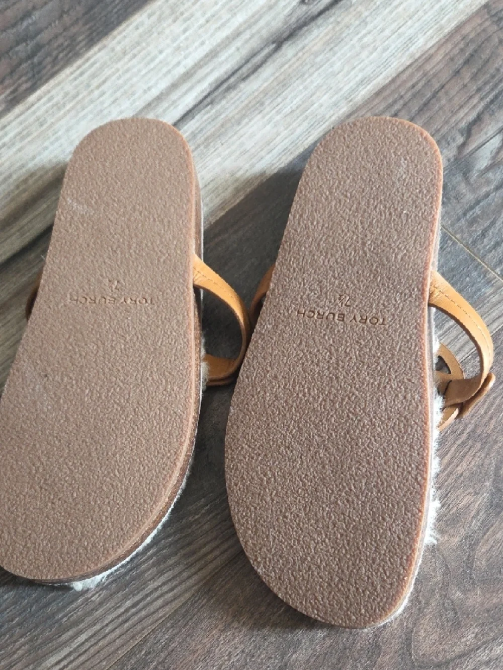 Tory Burch Camel Leather Logo Shearling Slide Sandals